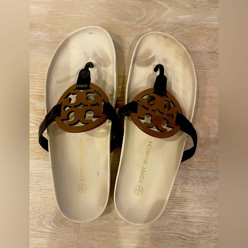 Tory Burch Black and Brown Logo Slides